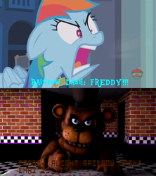 Size: 1920x2160 | Tagged: safe, edit, edited screencap, imported from derpibooru, screencap, rainbow dash, parental glideance, 3d, angry, animatronic, crossover, five nights at freddy's, freddy fazbear, meme, rage, rage face, ragebow dash, source filmmaker, stop, thehottest dog, treehouse logo, yelling