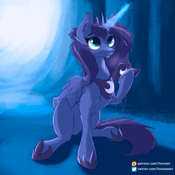 Size: 2048x2048 | Tagged: safe, artist:foxnose, imported from derpibooru, princess luna, alicorn, original species, pony, abstract background, cellphone, ear fluff, glowing horn, hoof shoes, horn, magic, night, phone, s1 luna, smartphone, solo, wings