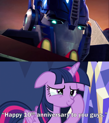 Size: 2000x2250 | Tagged: safe, edit, edited screencap, imported from derpibooru, screencap, twilight sparkle, alicorn, pony, all bottled up, autobot, caption, comparison, crossover, crying, cybertronian, female, floppy ears, happy 10th anniversary, image macro, male, mare, optimus prime, predacons rising, proud, sad, smiling, sunrise, tears of joy, text, transformers, transformers prime, twilight sparkle (alicorn)
