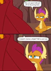 Size: 496x680 | Tagged: safe, artist:queencold, imported from derpibooru, garble, smolder, dragon, comic:a dog's mother, 2 panel comic, comic, cropped, cropped comic, shrunken pupils, text