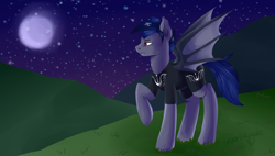 Size: 900x512 | Tagged: safe, artist:maeveadair, artist:yoonergetic, imported from derpibooru, oc, oc only, oc:cleansing night, bat pony, pony, clothes, hill, moon, one hoof raised, raised hoof, solo, stars