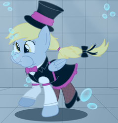 Size: 2200x2300 | Tagged: safe, artist:bladedragoon7575, imported from derpibooru, derpy hooves, pegasus, pony, bow, bowtie, bubble, clothes, female, fishnets, hair bow, hat, holding breath, mare, puffy cheeks, solo, swimming pool, underwater