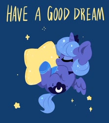 Size: 824x925 | Tagged: safe, artist:colorfulcolor233, artist:oofycolorful, imported from derpibooru, princess luna, alicorn, pony, blue background, cute, daaaaaaaaaaaw, eyes closed, female, filly, filly luna, lunabetes, simple background, sleeping, solo, stars, sweet dreams fuel, tangible heavenly object, weapons-grade cute, woona, younger