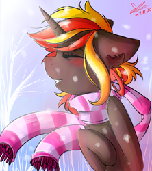 Size: 1059x1192 | Tagged: safe, artist:yuris, imported from derpibooru, oc, oc only, oc:java, pony, unicorn, clothes, horn, scarf, snow, solo, unicorn oc