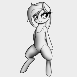 Size: 2000x2000 | Tagged: safe, artist:plaguemare, imported from derpibooru, oc, oc only, oc:dala vault, earth pony, pony, black and white, clothes, concerned, doodle, eyelashes, female, grayscale, leotard, mare, monochrome, simple background, sitting