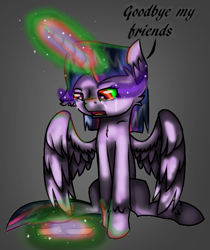 Size: 1232x1464 | Tagged: safe, artist:starsketchmeh, imported from derpibooru, twilight sparkle, alicorn, pony, corrupted twilight sparkle, dark magic, glowing horn, gray background, horn, letter, magic, photo, scroll, simple background, solo, sombra eyes, twilight sparkle (alicorn)