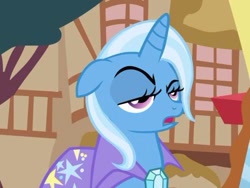 Size: 500x375 | Tagged: safe, imported from derpibooru, screencap, trixie, pony, unicorn, boast busters, cape, clothes, cropped, faic, open mouth, trixie is not amused, trixie's cape, unamused