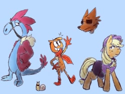 Size: 564x423 | Tagged: artist needed, safe, imported from derpibooru, applejack, snail, wolf, clothes, coat, crossover, friendshipping, missing accessory, missing hat, mittens, scarf, socks, sylvia, sylvia (wander over yonder), wander (wander over yonder), wander over yonder