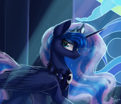 Size: 1480x1280 | Tagged: safe, artist:evedizzy26, imported from derpibooru, princess luna, alicorn, pony, concave belly, crown, ear fluff, ethereal mane, female, jewelry, leg fluff, long mane, looking at you, looking sideways, mare, partially open wings, peytral, regalia, signature, slim, solo, starry mane, starry tail, sternocleidomastoid, tail, thin, wings