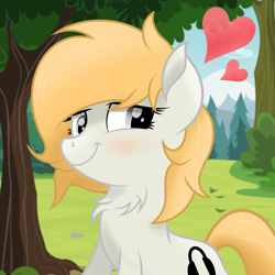 Size: 2500x2500 | Tagged: safe, artist:pizzamovies, imported from derpibooru, oc, oc only, oc:sophie hoofington, earth pony, pony, blushing, chest fluff, female, floating heart, heart, mare, smiling, solo, tree