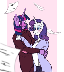 Size: 1280x1436 | Tagged: safe, artist:tsetsera, imported from derpibooru, rarity, twilight sparkle, anthro, blushing, clothes, female, gloves, height difference, hug, lesbian, looking at each other, paper, rarilight, shipping, simple background, sweater, turtleneck