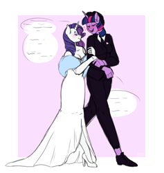 Size: 1280x1348 | Tagged: safe, artist:tsetsera, imported from derpibooru, rarity, twilight sparkle, anthro, blushing, breasts, cleavage, clothes, eyes closed, facing each other, female, formal wear, hat, high heels, indiscernible, lesbian, rarilight, shipping, shoes, simple background, speech bubble, talking