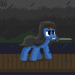 Size: 800x800 | Tagged: safe, artist:vohd, imported from derpibooru, oc, oc only, oc:pegasusgamer, oc:sky gamer, pegasus, pony, animated, cape, clothes, frame by frame, lightning, night, pixel art, rain, solo, storm, sword, weapon