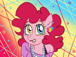 Size: 1000x750 | Tagged: dead source, safe, artist:andressuperhell, artist:smol_andriusha, imported from derpibooru, pinkie pie, abstract background, bust, clothes, ear piercing, eyelashes, heterochromia, jewelry, lipstick, necklace, pansexual pride flag, pearl necklace, piercing, pride, pride flag, solo