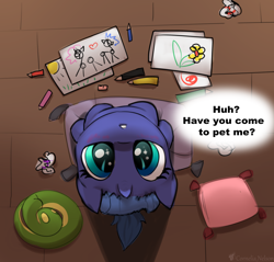 Size: 3000x2865 | Tagged: safe, artist:cornelia_nelson, imported from derpibooru, princess luna, pony, unicorn, blushing, bronybait, colored pencils, commission, cushion, cute, dialogue, female, filly, filly luna, high angle, looking at you, looking up, looking up at you, lunabetes, race swap, sitting, solo, unicorn luna, weapons-grade cute, woona, ych example, younger, your character here