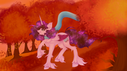 Size: 3200x1800 | Tagged: safe, artist:jamlotte1, imported from derpibooru, oc, oc only, oc:cosmic star, alicorn, pony, alicorn oc, autumn, clothes, ethereal mane, forest, galaxy mane, horn, leaves, raised hoof, scarf, smiling, solo, tree, unshorn fetlocks, wind, wings