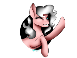 Size: 1600x1200 | Tagged: safe, artist:minelvi, imported from derpibooru, oc, oc only, earth pony, pony, bust, earth pony oc, eyelashes, one eye closed, simple background, solo, transparent background, waving, wink