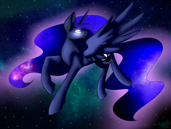 Size: 1600x1200 | Tagged: safe, artist:minelvi, imported from derpibooru, princess luna, alicorn, pony, ethereal mane, female, galaxy mane, glowing eyes, looking back, mare, raised hoof, solo