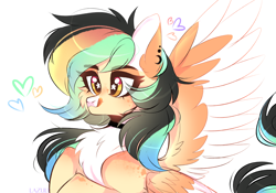 Size: 5000x3500 | Tagged: safe, artist:lazuli, artist:mint-light, imported from derpibooru, oc, oc only, pegasus, pony, bust, chest fluff, choker, ear piercing, eyelashes, heart, licking, licking lips, pegasus oc, piercing, signature, solo, starry eyes, tongue out, two toned wings, wingding eyes, wings