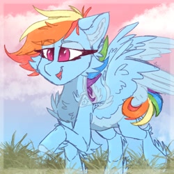 Size: 2048x2048 | Tagged: safe, artist:tizhonolulu, imported from derpibooru, rainbow dash, pegasus, pony, chest fluff, female, mare, open mouth, raised hoof, smiling, solo