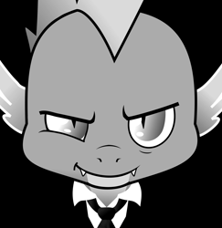 Size: 2413x2486 | Tagged: safe, artist:lluminus, imported from derpibooru, spike, dragon, black and white, clothes, fangs, grayscale, high res, looking at you, male, monochrome, necktie, smiling, smirk, smug, solo, solo male, suit