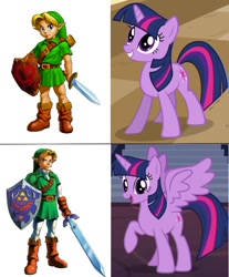 Size: 574x693 | Tagged: safe, artist:megalobronia, imported from derpibooru, twilight sparkle, alicorn, unicorn, comparison, crossover, link, the legend of zelda, the legend of zelda: ocarina of time, twilight sparkle (alicorn), unicorn twilight, young link