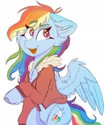 Size: 1740x2048 | Tagged: safe, artist:tizhonolulu, imported from derpibooru, rainbow dash, pegasus, pony, unicorn, clothes, feathered wings, female, jacket, mare, open mouth, signature, simple background, smiling, solo, white background, wings