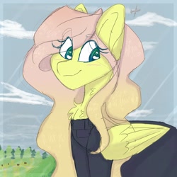 Size: 2048x2048 | Tagged: safe, artist:tizhonolulu, imported from derpibooru, fluttershy, pegasus, pony, blushing, chest fluff, clothes, eye clipping through hair, female, folded wings, looking away, looking down, mare, outdoors, plane, smiling, solo, three quarter view, wings