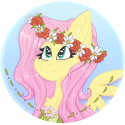 Size: 2048x2048 | Tagged: safe, artist:tizhonolulu, imported from derpibooru, fluttershy, pegasus, pony, blushing, bust, chest fluff, ear fluff, female, floral head wreath, flower, looking up, mare, portrait, simple background, solo, spread wings, white background, wings