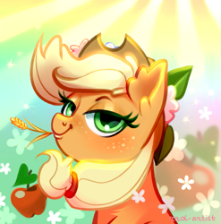 Size: 771x780 | Tagged: safe, artist:rrd-artist, imported from derpibooru, part of a set, applejack, earth pony, pony, abstract background, apple, bust, female, flower, flower in hair, food, lidded eyes, looking at you, mare, portrait, smiling, solo, straw in mouth