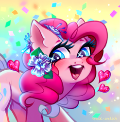 Size: 771x780 | Tagged: safe, artist:rrd-artist, imported from derpibooru, part of a set, pinkie pie, earth pony, pony, abstract background, blushing, confetti, female, flower, flower in hair, heart, mare, open mouth, smiling, solo