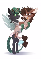 Size: 2838x4096 | Tagged: safe, artist:tizhonolulu, imported from derpibooru, oc, changeling, pony, unicorn, female, green changeling, holding a pony, leonine tail, male, mare