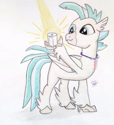 Size: 2055x2253 | Tagged: safe, artist:goldenflow, imported from derpibooru, terramar, classical hippogriff, hippogriff, beak, colored pencil drawing, crepuscular rays, jewelry, male, necklace, quadrupedal, simple background, solo, talons, toilet paper, traditional art, white background, wings, zoomorphic, 🧻