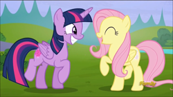 Size: 1136x640 | Tagged: safe, imported from derpibooru, screencap, fluttershy, twilight sparkle, alicorn, pegasus, pony, season 5, the hooffields and mccolts, booty call, cute, discovery family logo, duo, duo female, female, folded wings, glowing cutie mark, shyabetes, smiling, twiabetes, twilight sparkle (alicorn), wings, yay