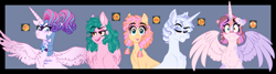 Size: 3867x1029 | Tagged: safe, artist:saphi-boo, imported from derpibooru, princess flurry heart, oc, oc:macaroni neufchatel, oc:midsummer moon, oc:mos ginseng muroid, oc:platinum ghast, alicorn, earth pony, pegasus, pony, unicorn, angry, armor, blue background, blushing, embarrassed, female, heterochromia, looking at you, male, mare, offspring, older, older flurry heart, parent:big macintosh, parent:cheese sandwich, parent:fancypants, parent:fleur-de-lis, parent:fluttershy, parent:pinkie pie, parent:pipsqueak, parent:princess luna, parents:cheesepie, parents:fancyfleur, parents:fluttermac, parents:lunapip, simple background, spread wings, stallion, tongue out, wings