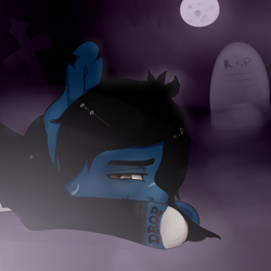 Size: 1024x1024 | Tagged: safe, artist:mikkaella, imported from derpibooru, earth pony, pony, undead, zombie, zombie pony, bone, bring me the horizon, bust, clothes, commission, graveyard, lip piercing, long sleeves, lying down, male, moon, night, night sky, oliver sykes, piercing, ponified, prone, sad, scar, shirt, sky, solo, stallion, stitches, tattoo, torn ear, ych result