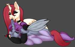 Size: 1196x747 | Tagged: safe, artist:meli_meliora, imported from derpibooru, oc, oc only, oc:rosiesquish, oc:violet nebula, alicorn, changeling, pony, alicorn oc, changeling oc, choker, horn, simple background, snuggling, tongue out, wings