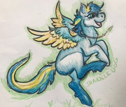 Size: 1440x1229 | Tagged: safe, artist:sharkledog, imported from derpibooru, oc, oc only, pegasus, pony, open mouth, pegasus oc, signature, solo, traditional art, two toned wings, wings