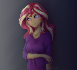 Size: 3782x3469 | Tagged: safe, artist:buttersprinkle, imported from derpibooru, sunset shimmer, equestria girls, rainbow rocks, arm under breasts, beautiful, blushing, clothes, cute, female, pajamas, sad, sadorable, shimmerbetes, simple background, solo