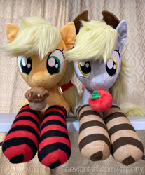 Size: 2117x2560 | Tagged: safe, artist:qtpony, imported from derpibooru, applejack, derpy hooves, pony, apple, clothes, cute, derpabetes, food, irl, jackabetes, muffin, photo, plushie, socks, striped socks