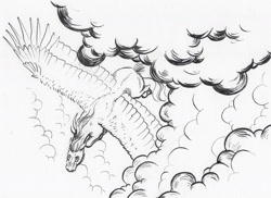 Size: 2000x1452 | Tagged: safe, artist:lady-limule, imported from derpibooru, oc, oc only, pegasus, pony, cloud, flying, inktober 2017, lineart, monochrome, pegasus oc, solo, traditional art, wings