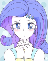 Size: 717x915 | Tagged: safe, artist:auntie_grub, imported from derpibooru, rarity, equestria girls, equestria girls series, blushing, bust, cute, female, hands together, looking at you, no pupils, pleading, raribetes, rarity peplum dress, solo, teary eyes
