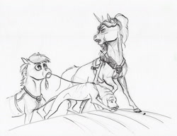 Size: 2000x1540 | Tagged: safe, artist:lady-limule, imported from derpibooru, oc, oc only, dog, pony, unicorn, female, horn, inktober 2017, leash, lineart, looking back, mare, monochrome, mouth hold, traditional art, unicorn oc