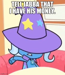 Size: 500x576 | Tagged: safe, edit, imported from derpibooru, screencap, trixie, pony, unicorn, my little pony: pony life, spoiler:pony life s01e17, cape, caption, clothes, cropped, female, friendship gems, g4.5, han solo, hat, image macro, mare, solo, star wars, text, trixie's cape, trixie's hat