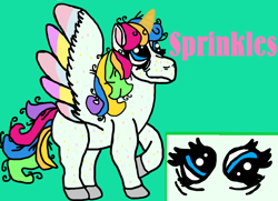 Size: 800x578 | Tagged: safe, artist:daisyrosepup16, imported from derpibooru, oc, oc only, oc:sprinkles, alicorn, pony, alicorn oc, female, horn, looking up, mare, multicolored hair, rainbow hair, raised hoof, solo, wings