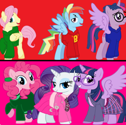 Size: 1068x1058 | Tagged: safe, artist:daisyrosepup16, imported from derpibooru, fluttershy, pinkie pie, rainbow dash, twilight sparkle, alicorn, earth pony, pony, unicorn, base used, bedroom eyes, butterscotch, clothes, dusk shine, eyelashes, female, glasses, male, mare, rainbow blitz, raised hoof, rule 63, skirt, smiling, stallion, twilight sparkle (alicorn)