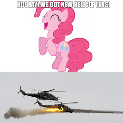 Size: 1080x1080 | Tagged: safe, imported from derpibooru, pinkie pie, earth pony, pony, ^^, bipedal, caption, eyes closed, female, helicopter, irl, mare, meme, mi-24, mi-24 hind, missile, photo, simple background, smiling, text, this will end in war, vector, white background