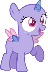 Size: 729x1090 | Tagged: safe, artist:pegasski, imported from derpibooru, oc, oc only, alicorn, pony, common ground, alicorn oc, bald, base, eyelashes, freckles, horn, open mouth, raised hoof, simple background, smiling, solo, transparent background, two toned wings, wings