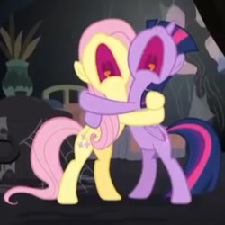 Size: 291x291 | Tagged: safe, imported from derpibooru, screencap, fluttershy, twilight sparkle, alicorn, pegasus, pony, a health of information, season 7, bipedal, cropped, duo, duo female, female, hug, mawshot, nose in the air, open mouth, screaming, twilight sparkle (alicorn), uvula, volumetric mouth