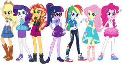 Size: 1901x996 | Tagged: safe, edit, edited screencap, imported from derpibooru, screencap, applejack, fluttershy, pinkie pie, rainbow dash, rarity, sci-twi, sunset shimmer, twilight sparkle, equestria girls, equestria girls series, spoiler:eqg series (season 2), absurd resolution, applejack's hat, boots, bowtie, bracelet, clothes, converse, cowboy hat, dreamworks face, dress, dress interior, feet, female, freckles, geode of empathy, geode of fauna, geode of shielding, geode of sugar bombs, geode of super speed, geode of super strength, geode of telekinesis, glasses, hand on hip, hat, high heel boots, humane five, humane seven, humane six, jacket, jewelry, looking at you, magical geodes, not a vector, obligatory pony, official, official art, open mouth, open smile, pants, pantyhose, pencil skirt, pose, rarity peplum dress, shirt, shoes, simple background, skirt, smiling, smiling at you, sneakers, socks, transparent background, wall of tags, waving at you